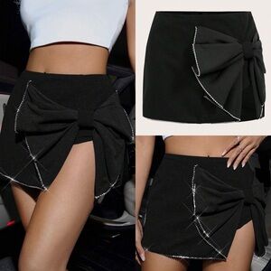 Rhinestone trim bow detail mini skirt with hidden shorts - mini skort